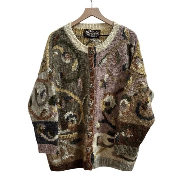 Tara Handknits Heavy Wool Hand-Knit Trellis Art Wear Sweater Nepal Cardigan L - Picture 1 of 11